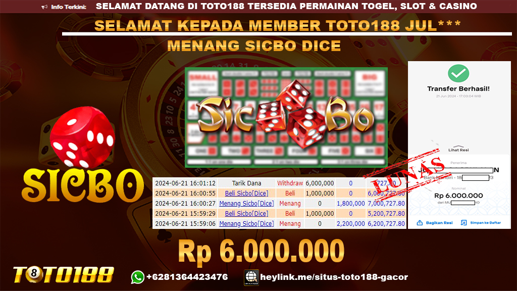 Bukti jp kemenangan game sicbo dice 21 juni 2024