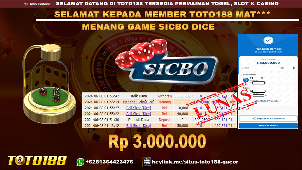 Bukti jp kemenangan game sicbo dice 8 juni 2024