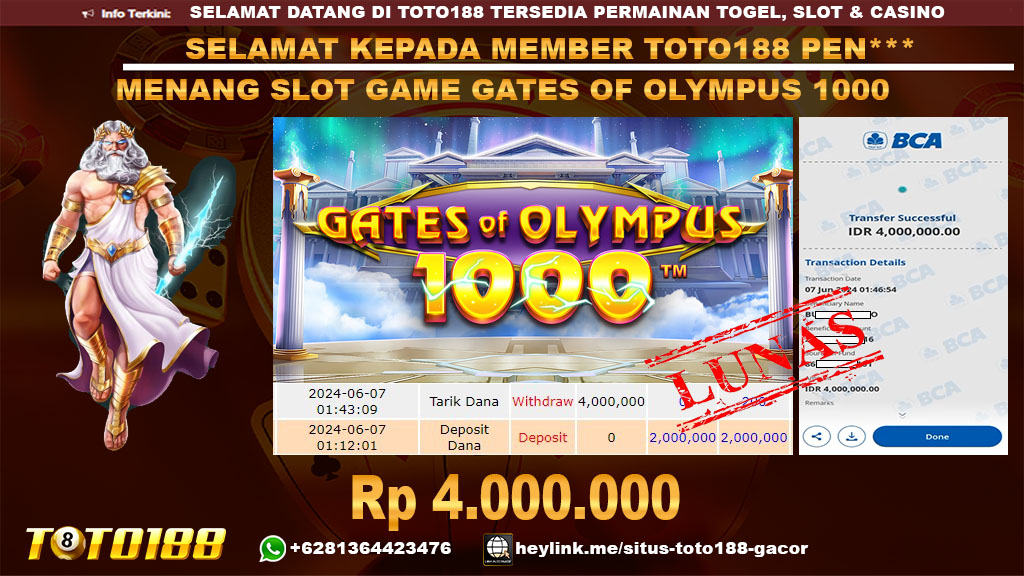 Bukti jp kemenangan slot game gates of olympus 1000 07 juni 2024