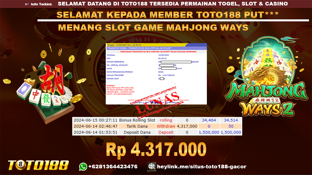 Bukti jp kemenangan slot game mahjong ways 14 juni 2024