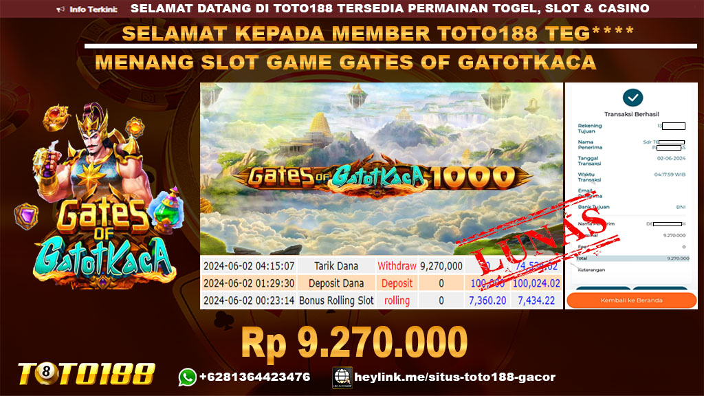 Bukti jp kemenangan slot game gates of gatot kacai 2 juni 2024