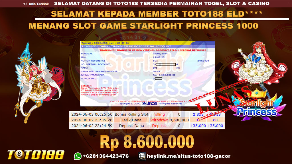 Bukti jp kemenangan slot game starlight princess1000 02 juni 2024