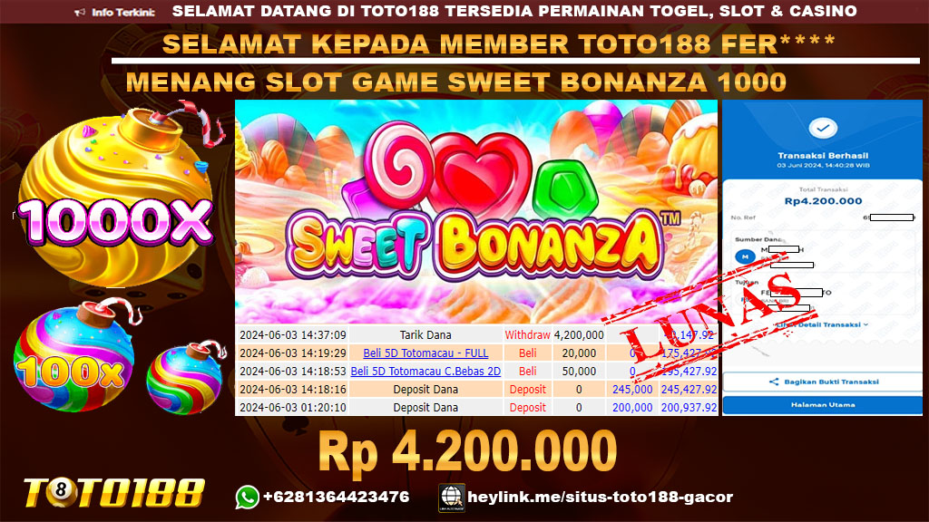 Bukti jp kemenangan slor game sweet bonanza 1000 03 juni 2024