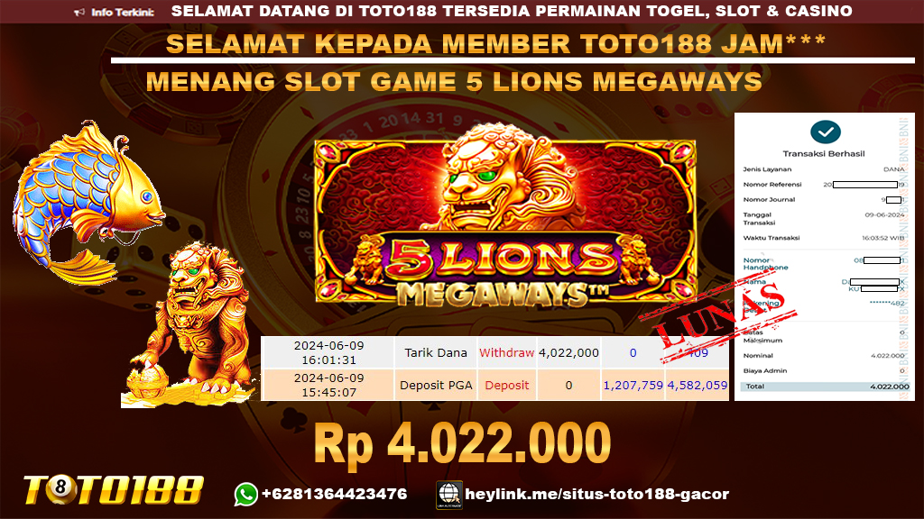 Bukti jp kemenangan slot game 5 lions megaways 09 juni 2024