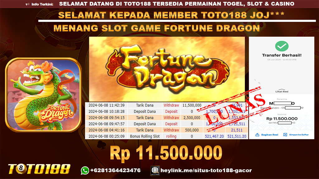Bukti jp kemenangan slot game fortune dragon 8 juni 2024
