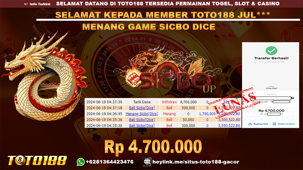 Bukti jp kemenangan game sicbo dice 19 JUni 2024