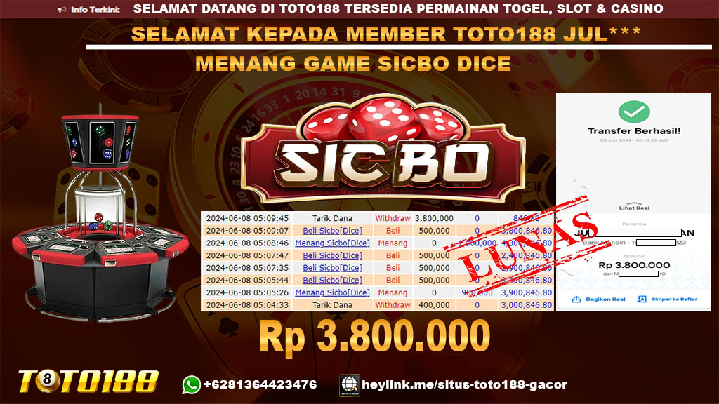 Bukti jp kemenangan game sicbo dice 8 juni 2024