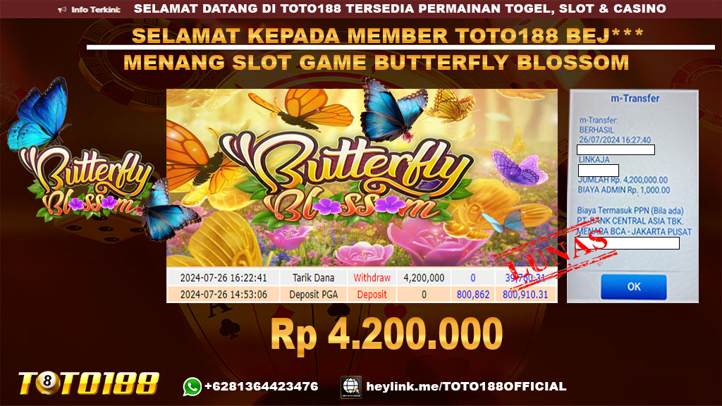 Bukti JP Kemenangan SLOT MANIA BUTTERFLY BLOSSOM 26 jul 24