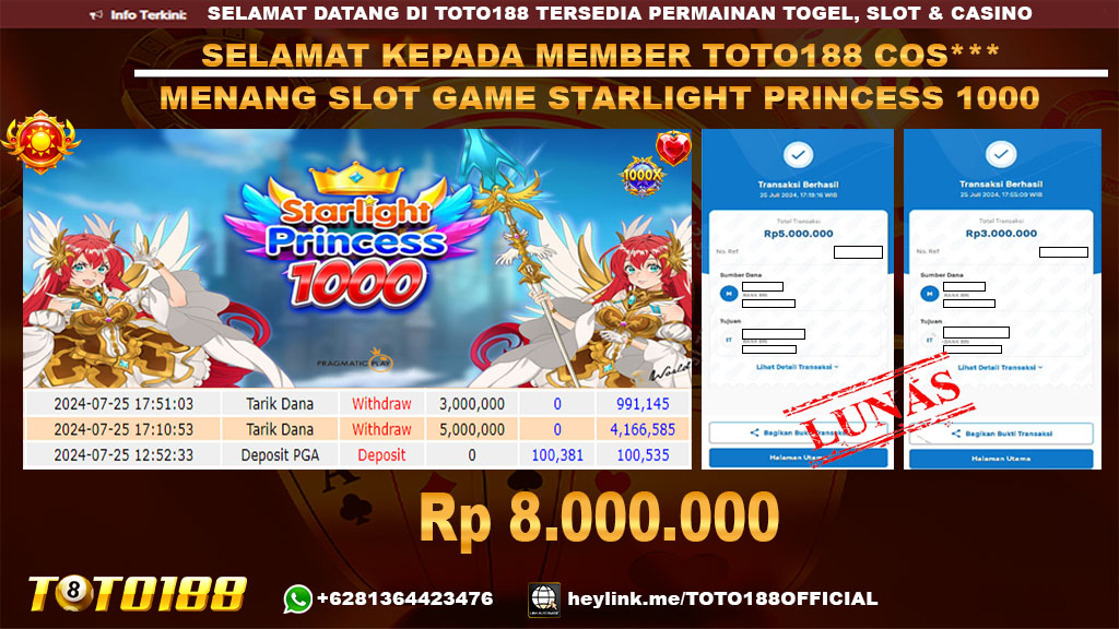 Bukti JP Kemenangan SLOT GAME STARLIGHT PRINCESS 1000 25 jul 24
