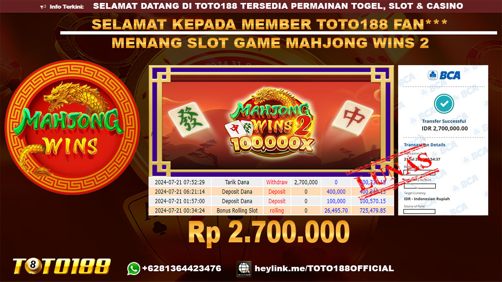 Bukti JP Kemenangan SLOT GAME MAHJONG WINS2 21 jul 24