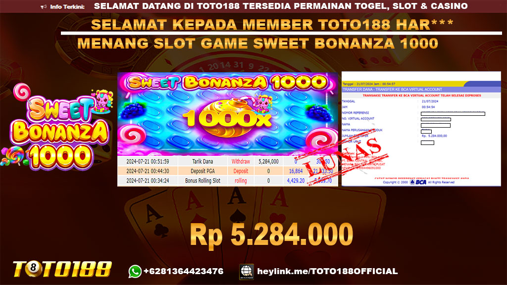 Bukti JP Kemenangan Slot Game SWEET BONANZA 1000 21 jul 24