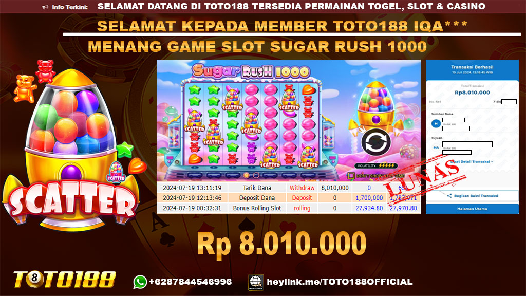 Bukti JP Kemenangan Slot Game SUGAR RUSH 1000 19 Juli 2024