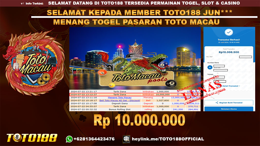 Bukti JP Kemenangan Togel Pasaran TOTO MACAU 22 jul 24