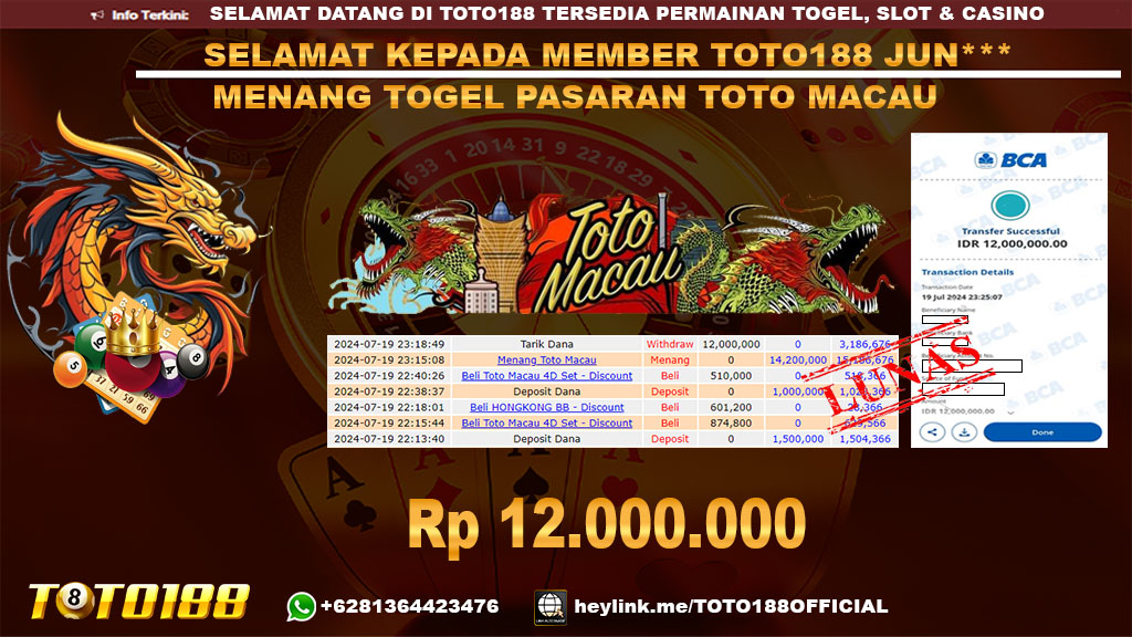 Bukti JP Kemenangan Togel Pasaran TOTO MACAU 19 Juli 2024
