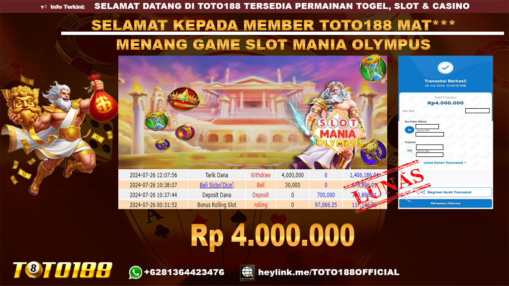Bukti JP Kemenangan GAME SLOT MANIA OLYMPUS 26 jul 24