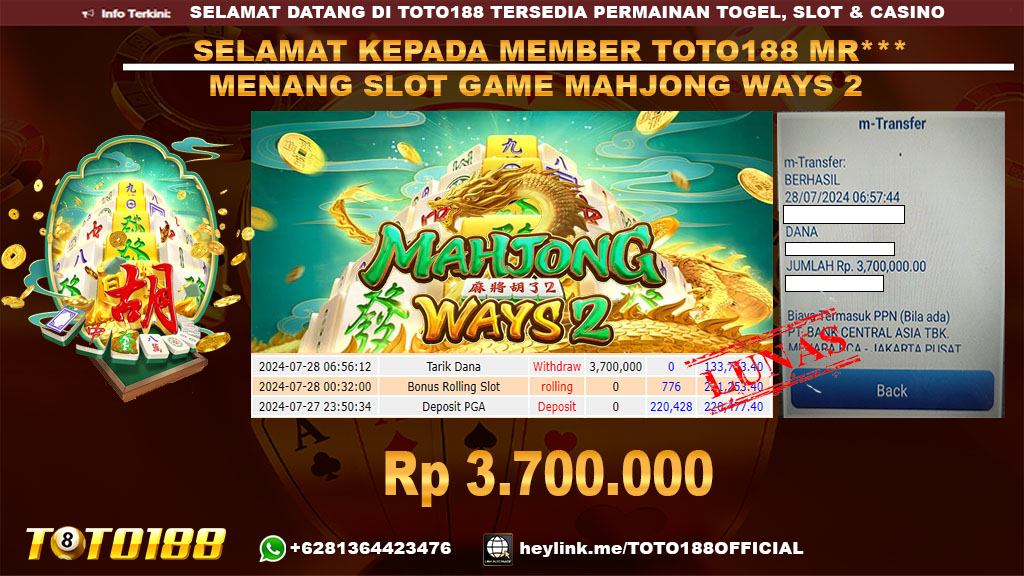 Bukti JP Kemenangan SLOT GAME MAHJONG WAYS 2 28 jul 24