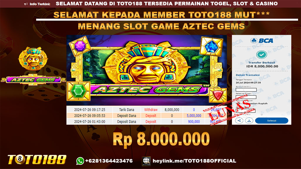 Bukti JP Kemenangan SLOT GAME AZTEC GEMS 26 jul 24