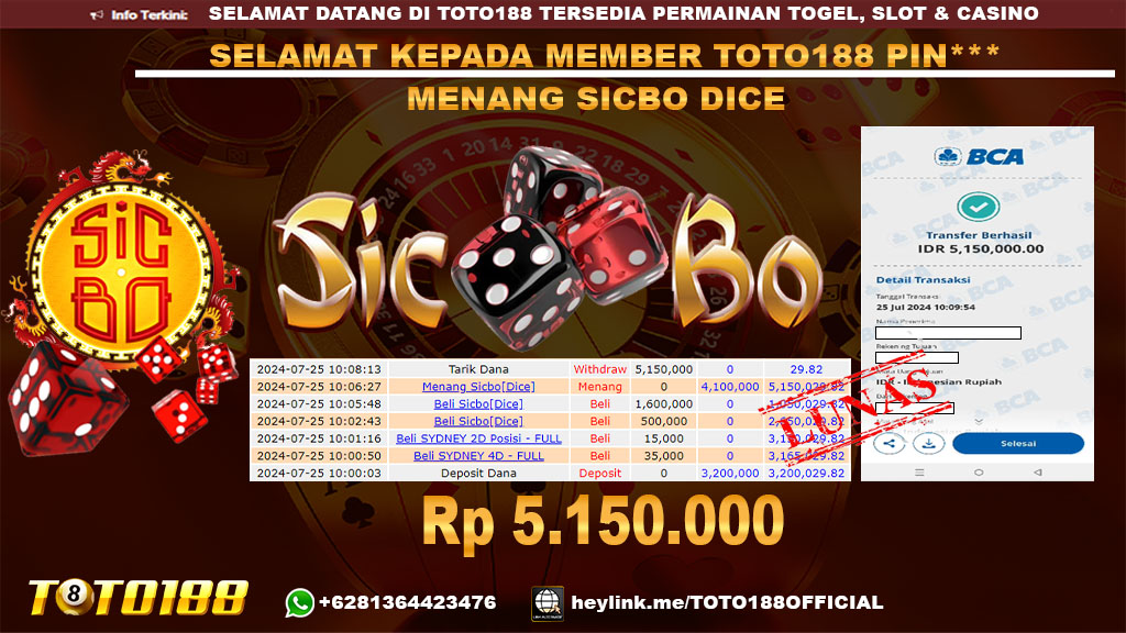 Bukti JP Kemenangan SICBO DICE 25 Juli 2024