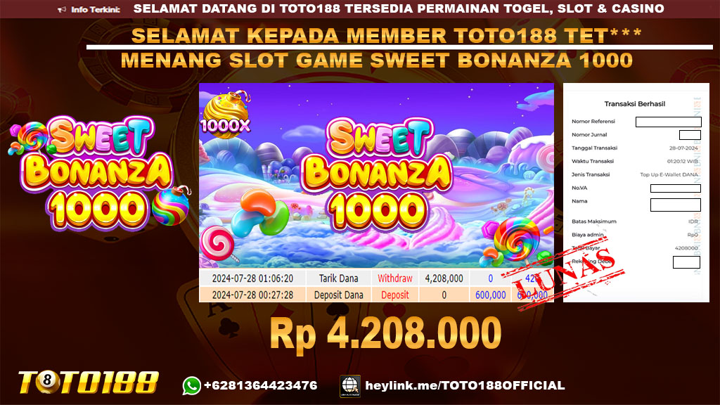 Bukti JP Kemenangan SLOT GAME SWEET BONANZA 1000 28 Juli 2024
