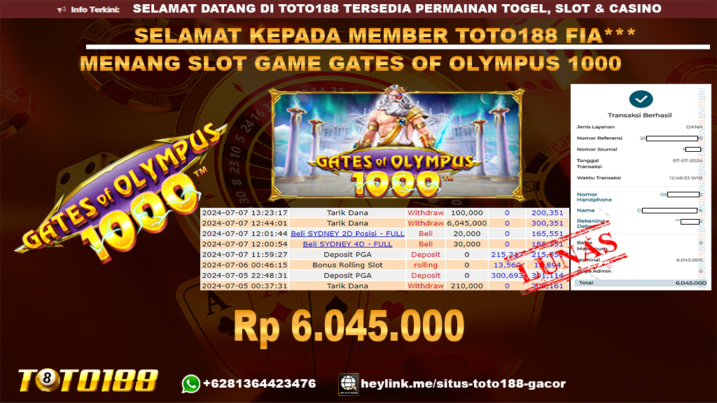 Bukti jp kemenangan slot game gates of olympus 1000 7 july 2024