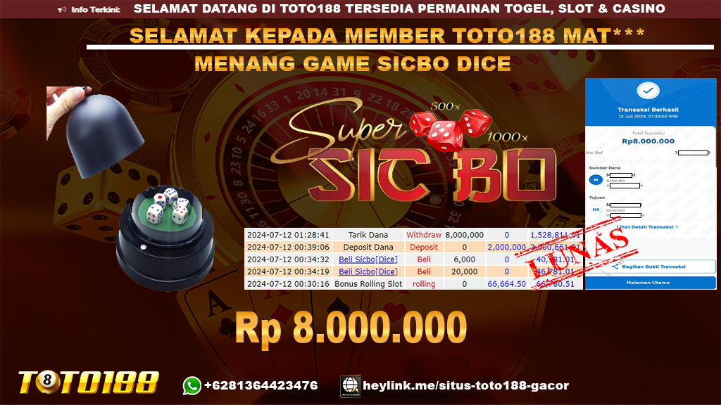 Bukti jp kemenangan game sicbo dice 12 july 2024
