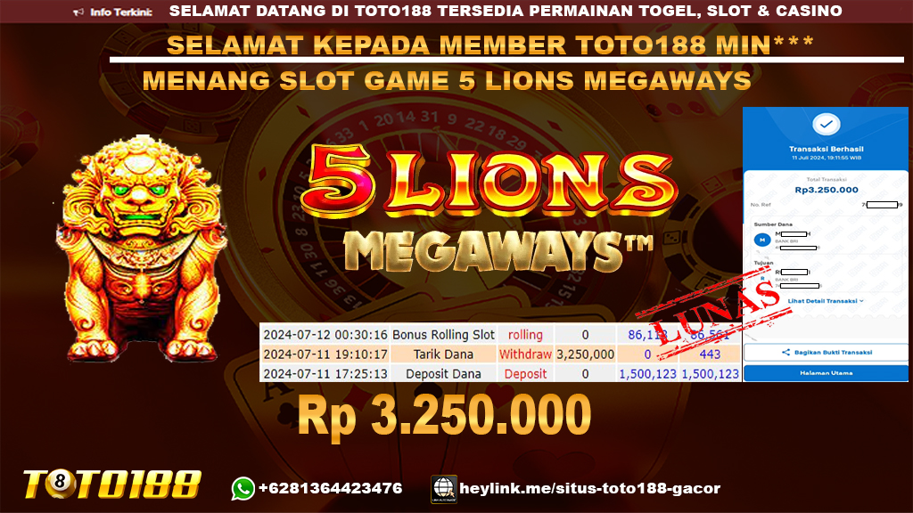 Bukti jp kemenangan slot game 5 lion megaways 11 july 2024