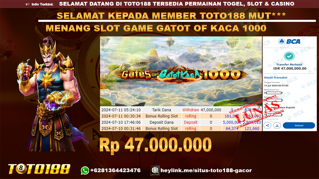 Bukti jp kemenangan slot game gates of gatot kaca 1000 11 july 2024