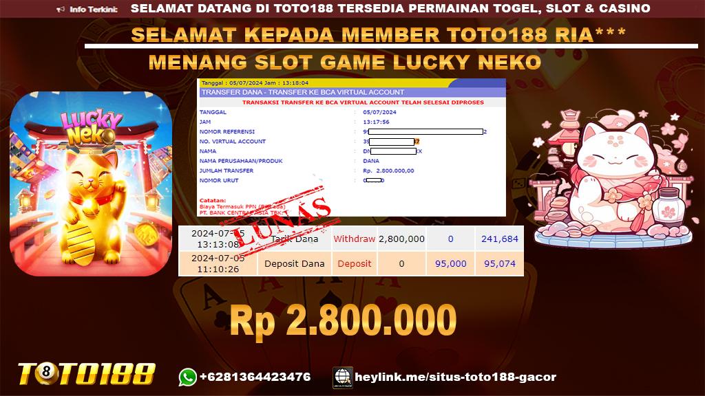 Bukti jp kemenangan slot game lucky neko 5 july 2024