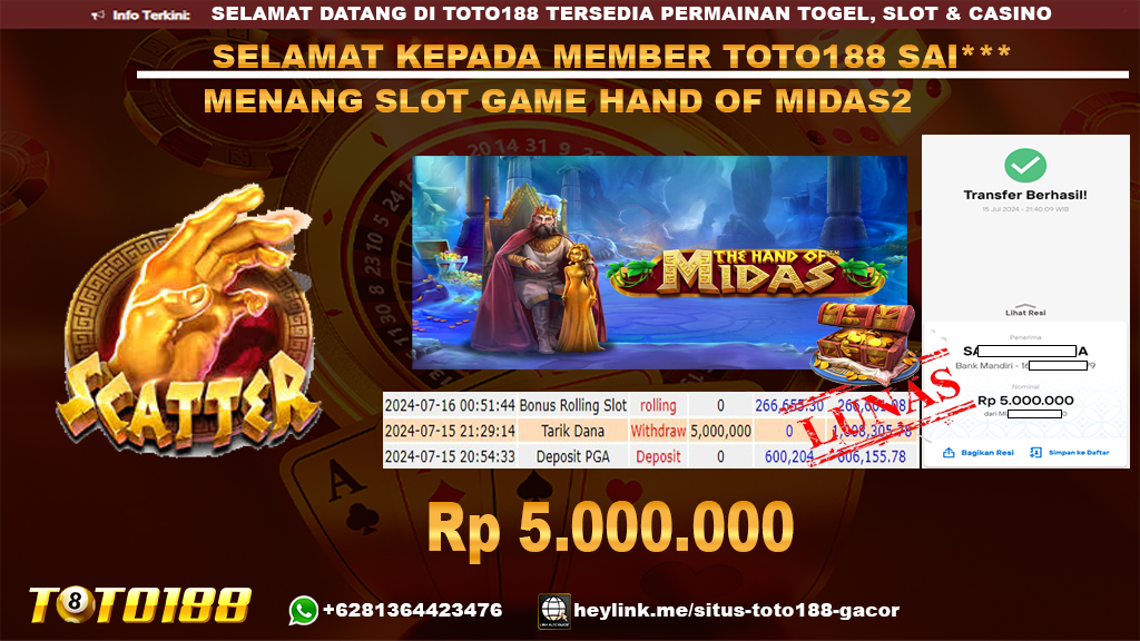 Bukti jp kemenangan slot game hand of midas2 15 july 2024