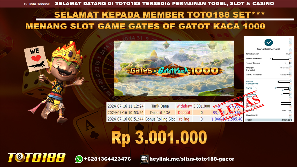 Bukti jp kemenangan slot game gates of gatot kaca 1000 16 july 2024