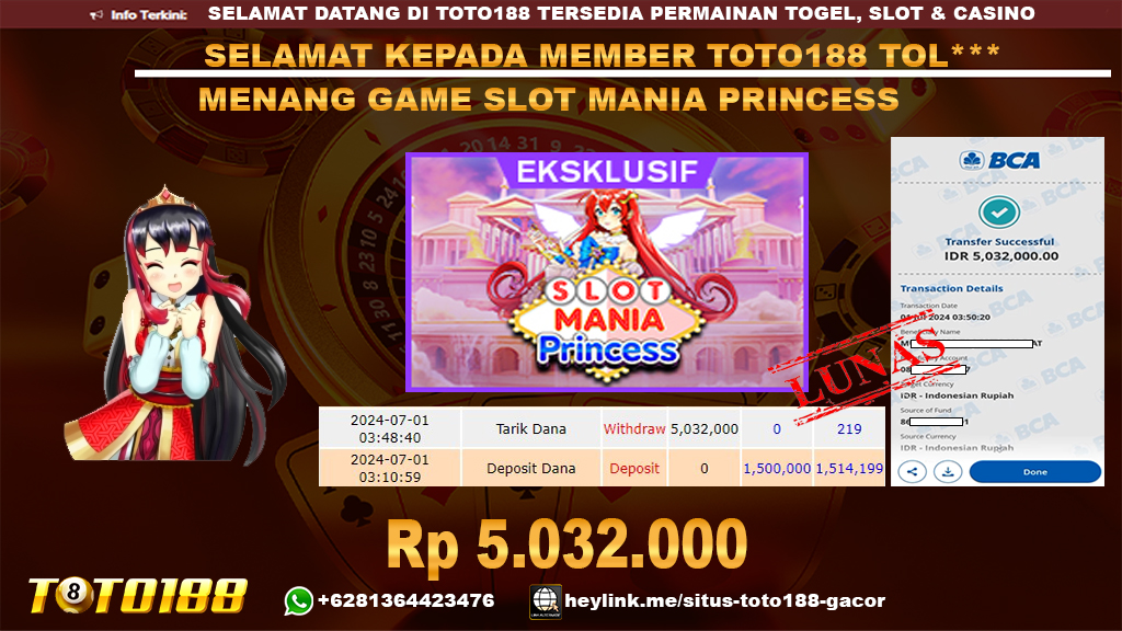 Bukti jp kemenangan game slot mania princess 01 july 2024