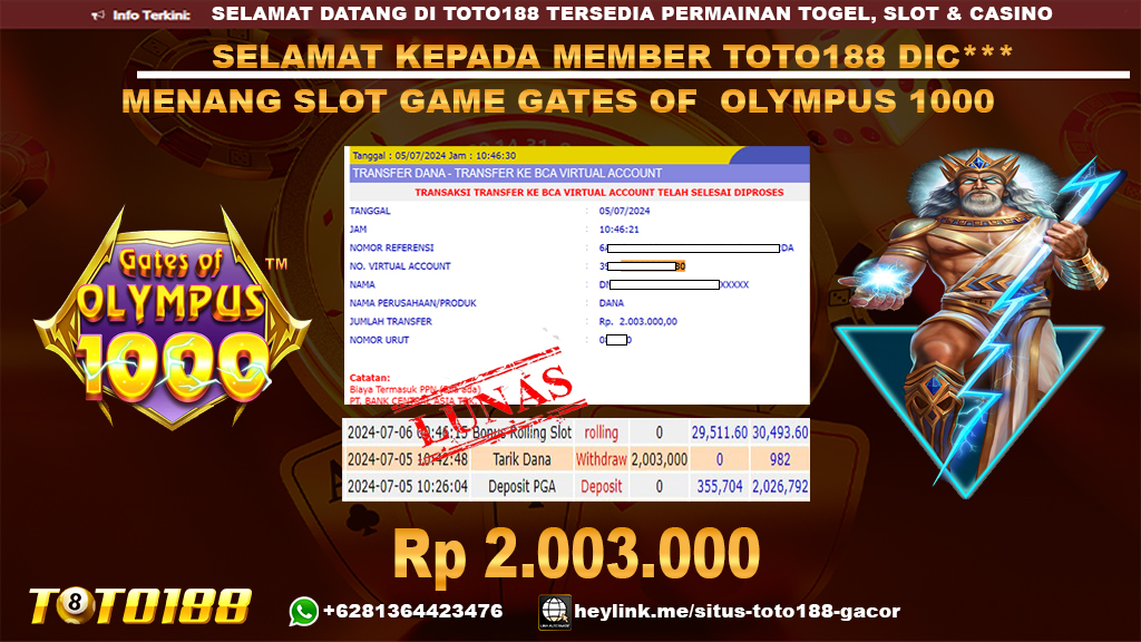 Bukti jp kemenangan slot game gates of olympus 1000 05 july 2024