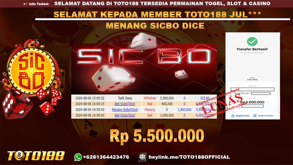 Bukti JP Kemenangan SICBO DICE 06 agust 2024