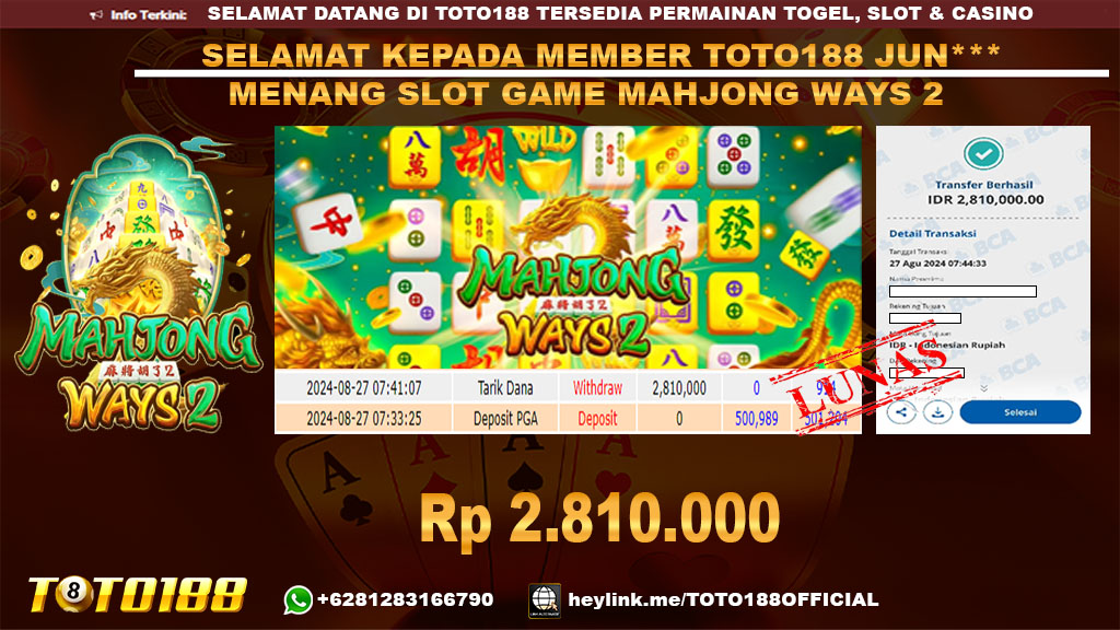 Bukti JP Kemenangan SLOT GAME MAHJONG WAYS 2 27 agust 24
