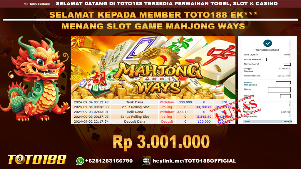 Bukti JP Kemenangan SLOT GAME MAHJONG WAYS 03 sept 24