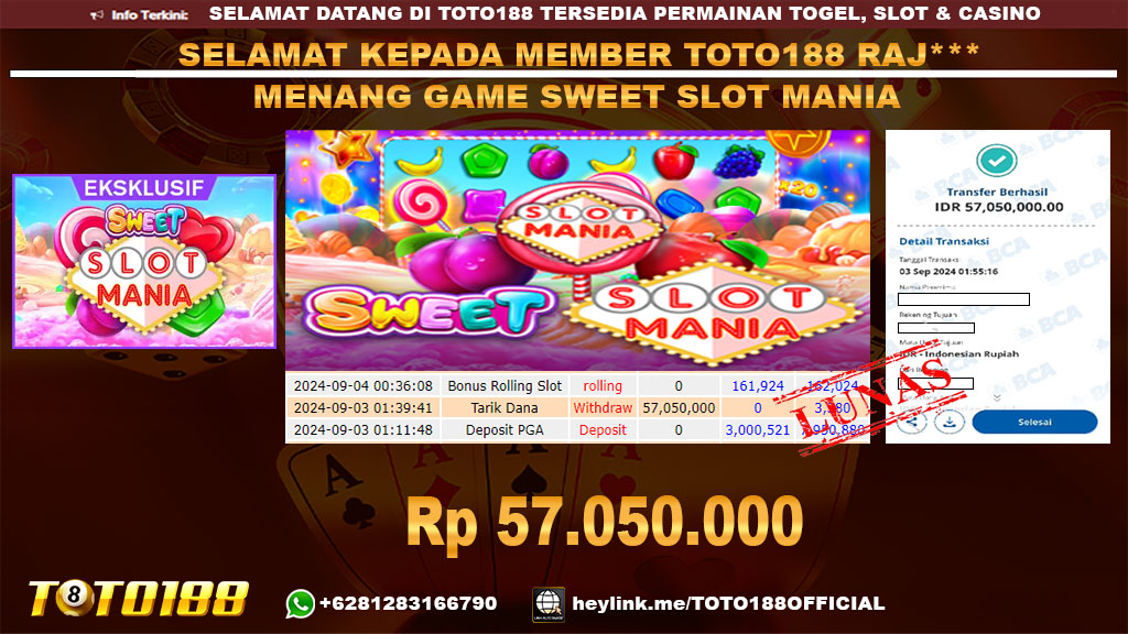 Bukti jp kemenangan game SWEET SLOT MANIA 03 SEP 2024