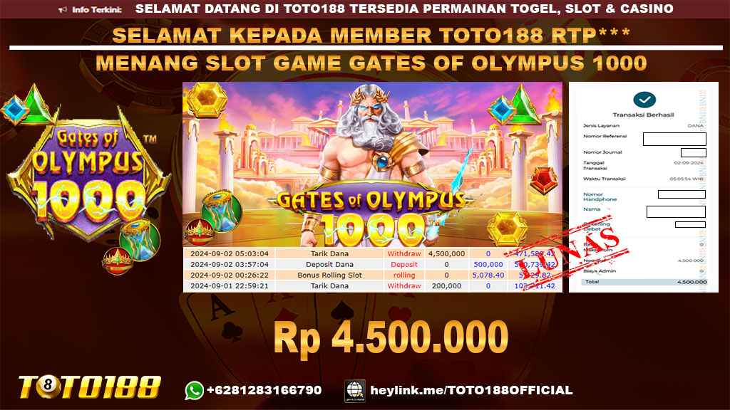 Bukti JP Kemenangan SLOT GAME GATES OF OLYMPUS 1000 02 Sept 24