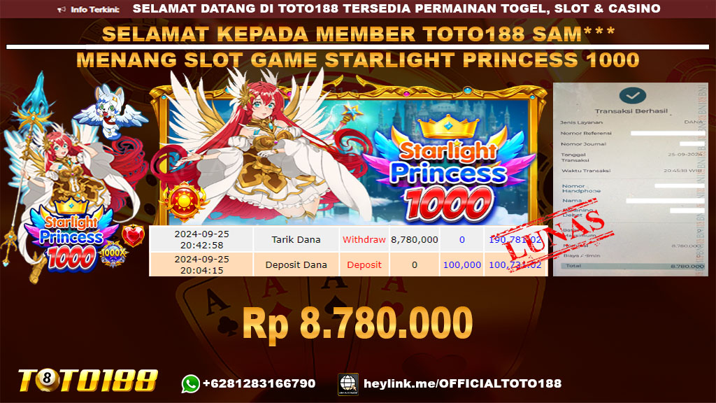Bukti JP Kemenangan SLOT GAME STARLIGHT PRINCESS 1000 25 sept 24