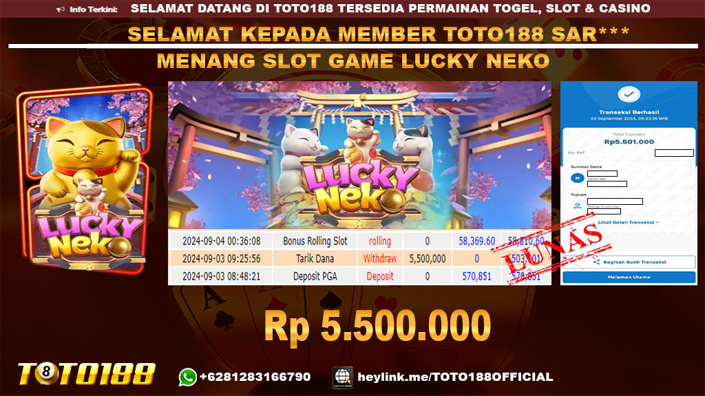Bukti JP Kemenangan SLOT GAME LUCKY NEKO 03 SEP 24