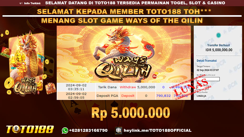 Bukti JP Kemenangan SLOT GAME WAYS OF THE QILIN 02 sept 24