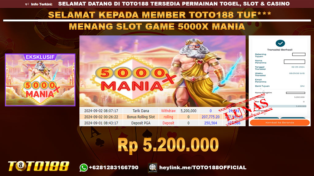 Bukti JP Kemenangan SLOT GAME 5000X MANIA 1000 02 Sept 24