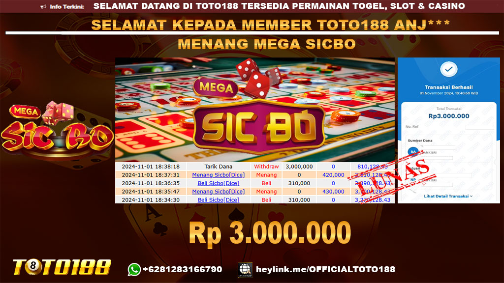 Bukti JP Kemenangan MEGA SICBO GAMES 01 NOV 24