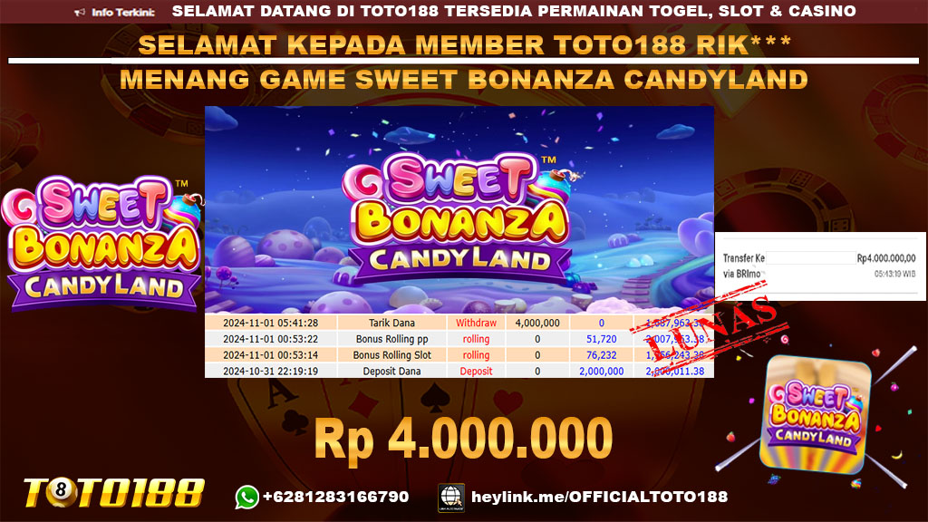 Bukti JP Kemenangan SWEET BONANZA CANDYLAND 01 NOV 2024
