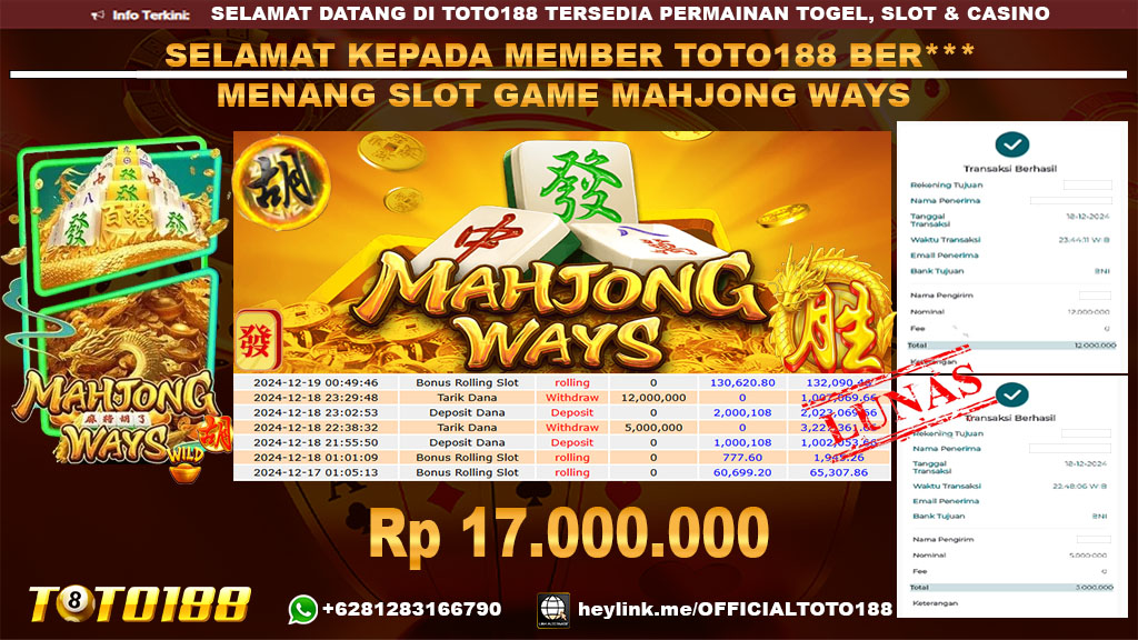 Bukti JP Kemenangan SLOT GAME MAHJONG WAYS 18 DES 24