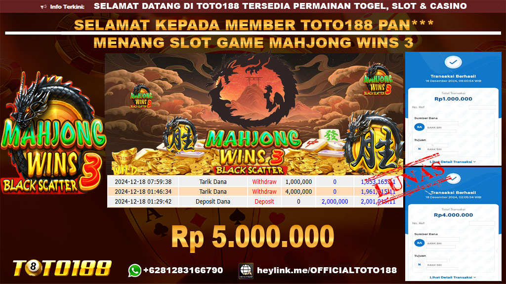 Bukti JP Kemenangan SLOT GAME MAHJONG WINS3 18 DES 24