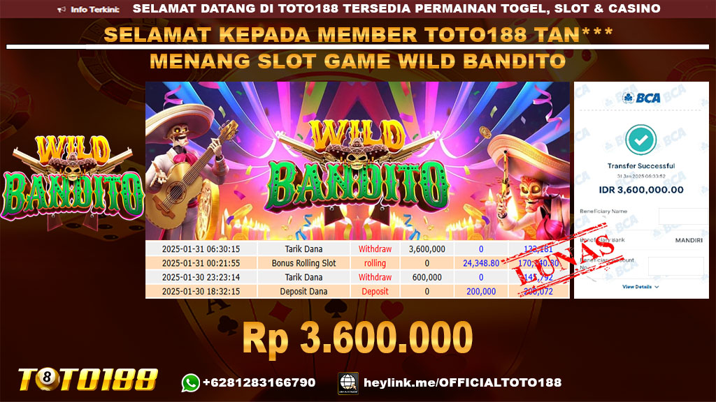 Bukti JP Kemenangan SLOT GAME WILD BANDITO 31 JAN 25