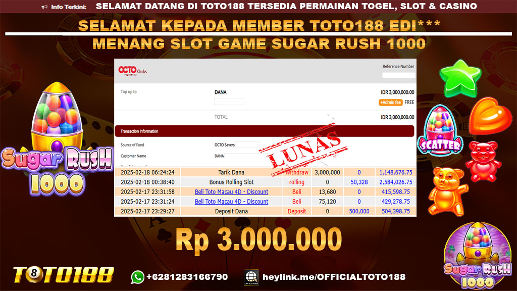 Bukti JP Kemenangan SLOT GAME SUGAR RUSH 1000 18 FEB 25