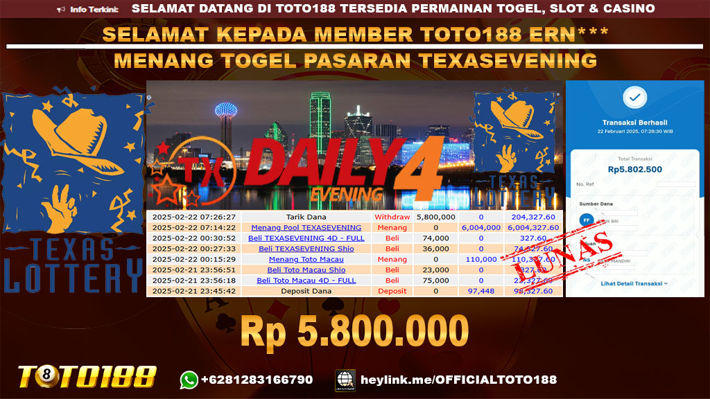 Bukti JP Kemenangan TOGEL PASARAN TEXASEVENING 22 FEB 25