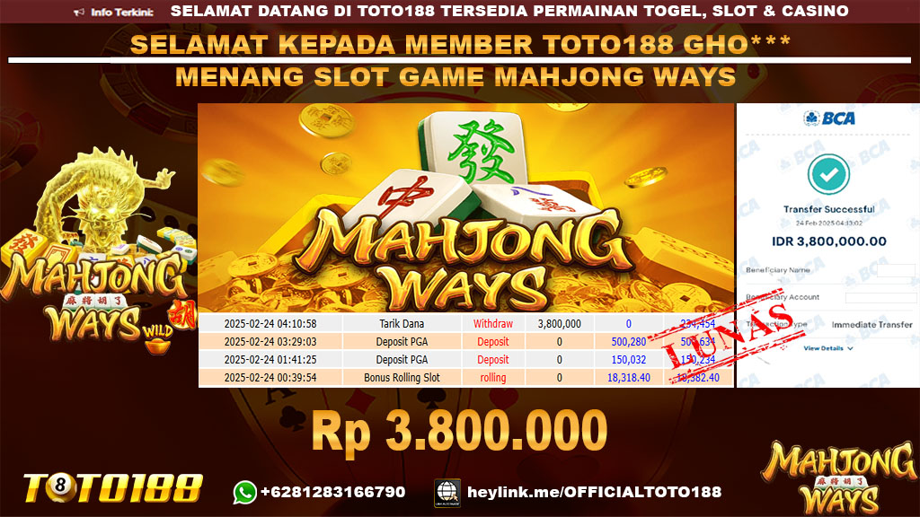 Bukti JP Kemenangan SLOT GAME MAHJONG WAYS 24 FEB 25