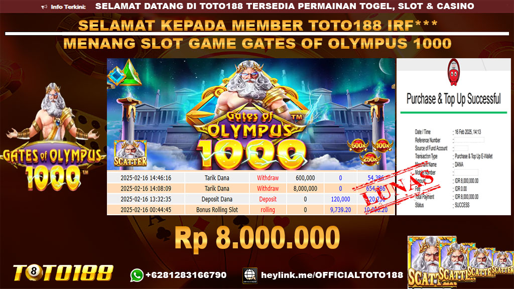 Bukti JP Kemenangan SLOT GAME GATES OF OLYMPUS 1000 16 FEB 25